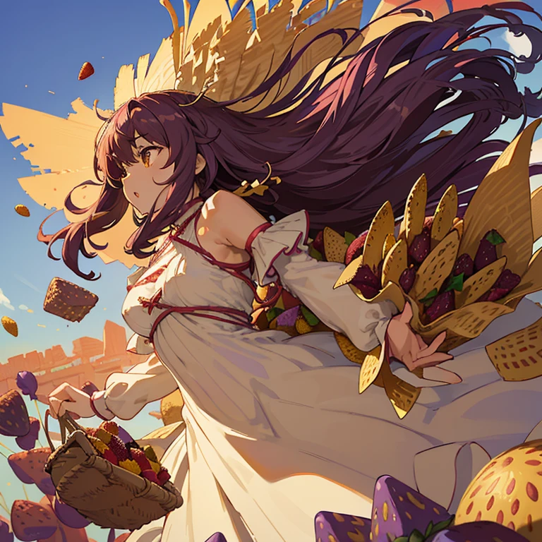A girl with long afro hair flying low in the air covered in boiling large strawberry cake armor serving a large purple potato jam、amazing dynamism、amazing angle、unstable buoyancy sandstorm、(((Lots of friendly oversized dried fruit cubes floating densely to chase)))、((surround each other'Good friend extra large branched straw))、