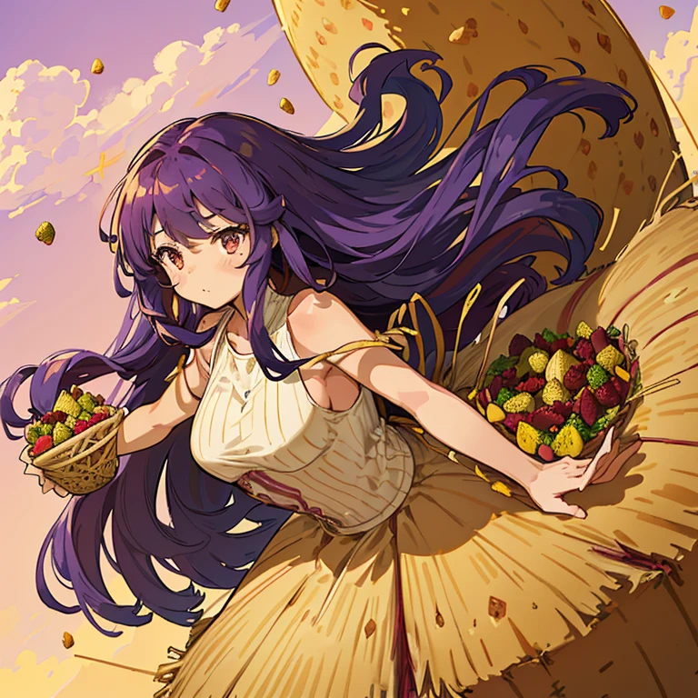 A girl with long afro hair flying low in the air covered in boiling large strawberry cake armor serving a large purple potato jam、amazing dynamism、amazing angle、unstable buoyancy sandstorm、(((Lots of friendly oversized dried fruit cubes floating densely to chase)))、((surround each other&#39;Good friend extra large branched straw))、
