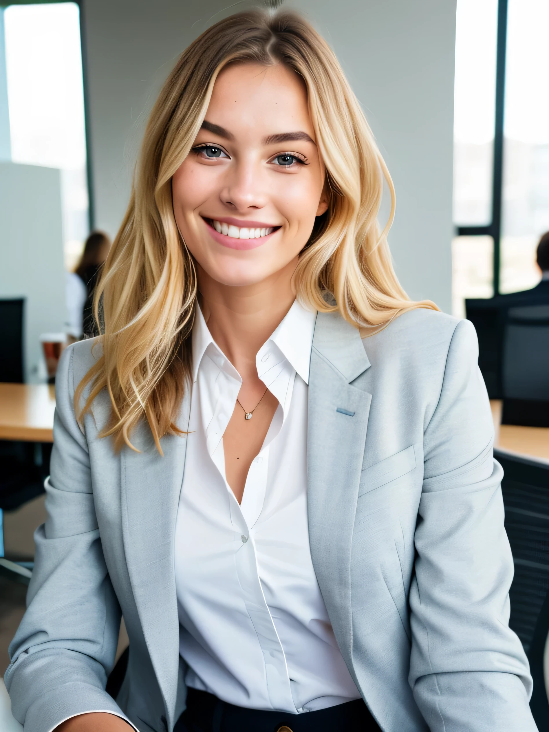 zoomed out 3:4 wide shot, cute beautiful blonde wearing blazer and buttoned collar shirt (drinking coffee inside a modern sleek office in daytime on a sunny day), very detailed, 21 years old, inoccent face, natural wave hair, blue eyes, high-res, masterpiece, best quality,intricate details, highly detailed,sharp focus, detailed skin,realistic skin texture,texture, detailed eyes, professional, 4k, laughing smile, shot on Canon, 85mm,shallow depth of field, kodak vision color, perfect fit body, extremely detailed, photo_\(ultra\), photorealistic, realistic, post-processing, max detail, roughness, real life, ultra realistic, photorealism, photography, 8k uhd, photography