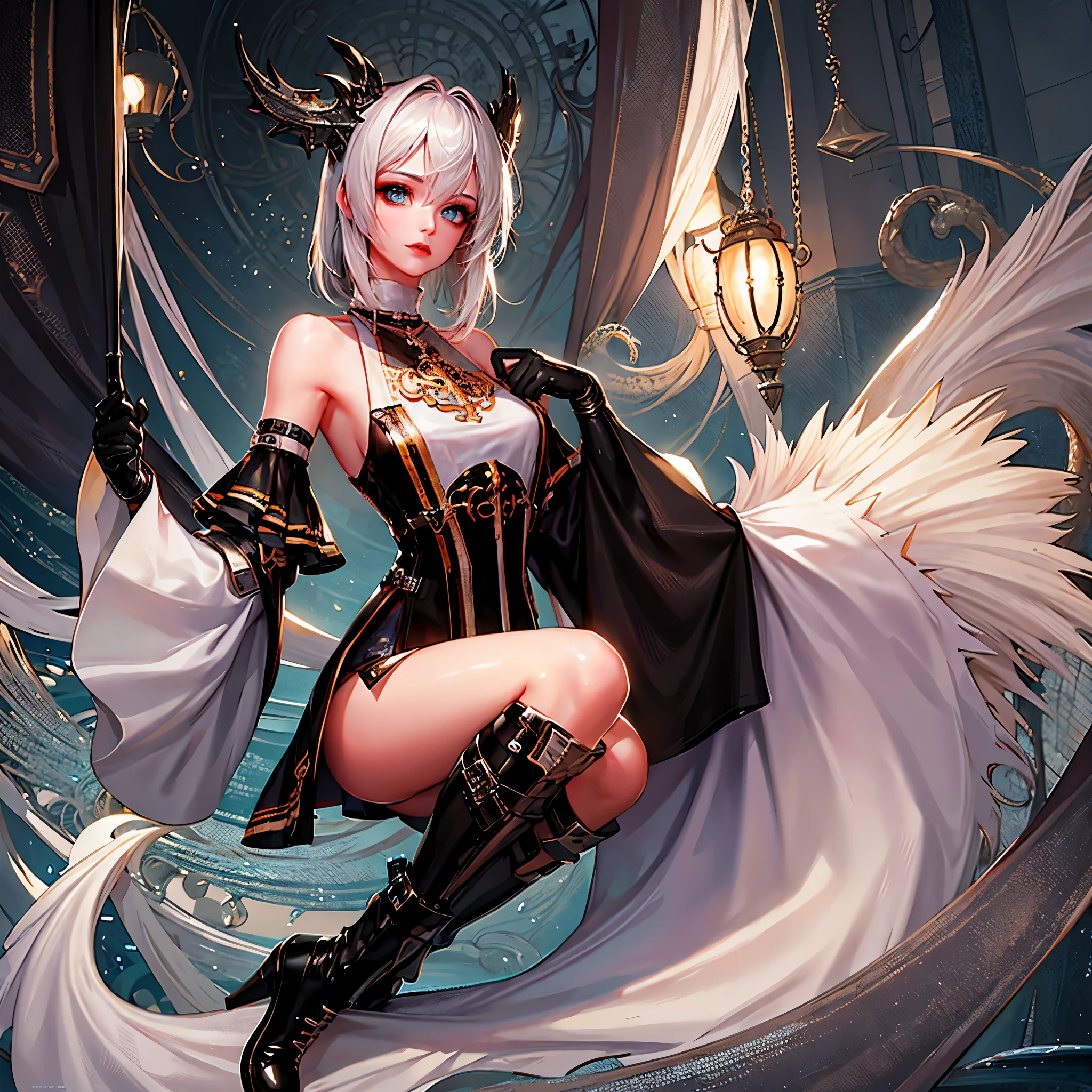 8k, resolution, high quality, high resolution, best quality, best resolution, absurd resolution, ray tracing, high detailed, masterpiece, extremely detailed,shoulder length white hair, female,white 2 wolf ears, teenage girl, slim body, white scale dragon tail,black boots,black leggings, school skirt, white jacket, medium size chest, detailed blue eyes, detailed beautiful face,solo female,1 dragon tail, detailed eyes