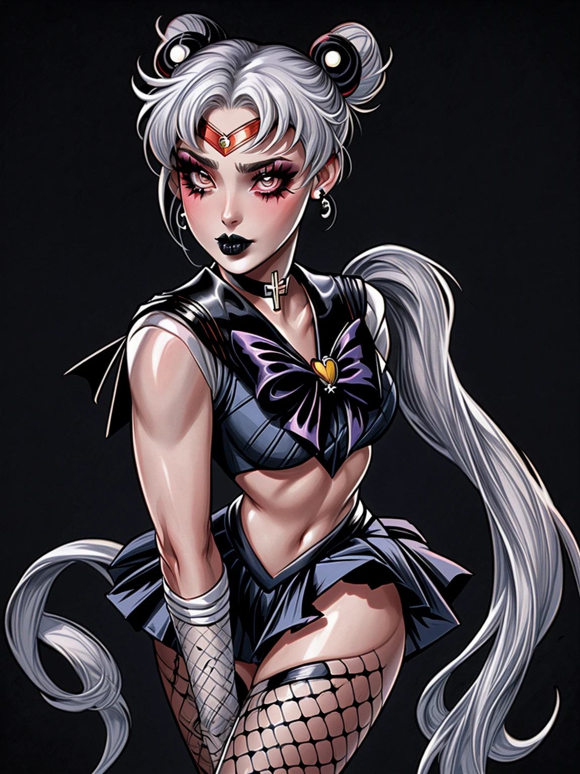 masterpiece, best quality, 1girl, gothic, black lips, solo, black hair, makeup, twin tails, hair buns, (sailor moon), half-cycle, correct hands, proportional fingers, detailed hands, detailed face, detailed body, multicolored white hair, bangs, eyeshadow, tattoos, hair bow, bow, lipstick, two-tone hair, black background, ultra-detailed, professional, bokeh, hentai, illustration, vivid colors, portraits, sharp focus, horrified color palette, dramatic lighting