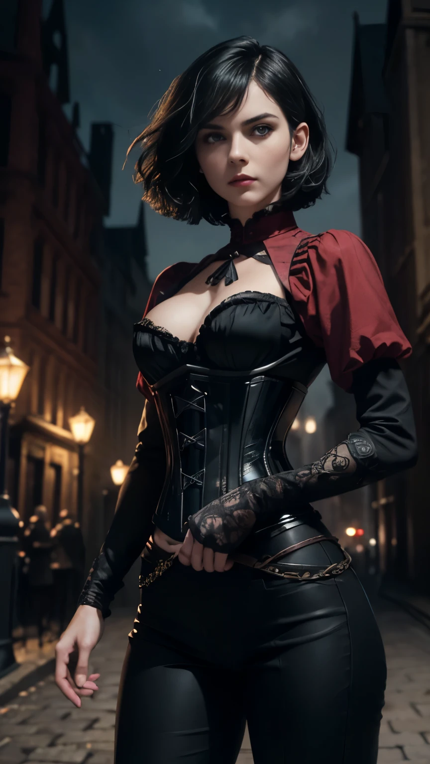 One Person:1.6), (A Gorgeous 25 Years Old British Female Vampire Slayer), (Wavy Bobcut Black Hair:1.4), (Pale Skin:1.4), (Sapphire Blue Eyes), (Wearing Red Shirt, Black Victorian-style Corset, and Black Tight Pants:1.4), (City Buildings at Night with Moonlight), (Crossing Arms Pose:1.6), Centered, (Waist-up Shot:1.4), From Front Shot, Insane Details, Intricate Face Detail, Intricate Hand Details, Cinematic Shot and Lighting, Realistic and Vibrant Colors, Masterpiece, Sharp Focus, Ultra Detailed, Taken with DSLR camera, Realistic Photography, Depth of Field, Incredibly Realistic Environment and Scene, Master Composition and Cinematography