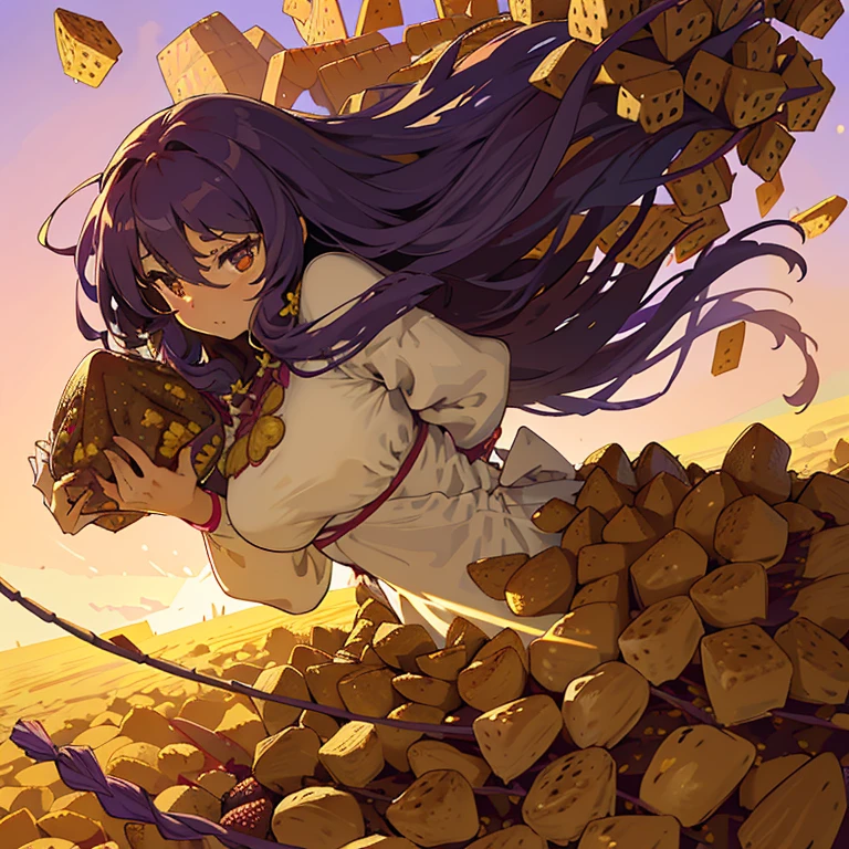 A girl with long afro hair flying low in the air covered in boiling large strawberry cake armor serving a large purple potato jam、amazing dynamism、amazing angle、unstable buoyancy sandstorm、(((Lots of friendly oversized dried fruit cubes floating densely to chase)))、((surround each other&#39;The straw that separates a good friend))、