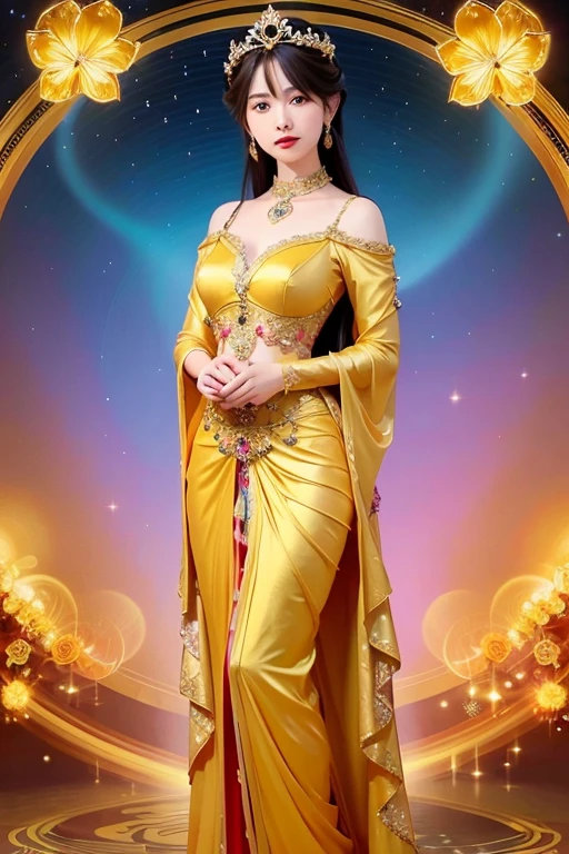 Wearing a yellow dress,Arad woman holding a butterfly in her hand, a beautiful fantasy empress, by phyu phyu htwe Inspired by Lan Ying, Beautiful character painting, Extremely detailed Artgerm, Alphonse mucha and rossdraws, Guviz-style artwork, gilded lotus princess, art-style, Artgerm and