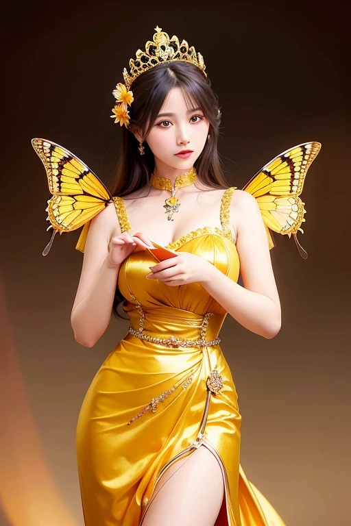 Wearing a yellow dress，Arad woman holding a butterfly in her hand, a beautiful fantasy empress, by phyu phyu htwe Inspired by Lan Ying, Beautiful character painting, Extremely detailed Artgerm, Alphonse mucha and rossdraws, Guviz-style artwork, gilded lotus princess, art-style, Artgerm and 