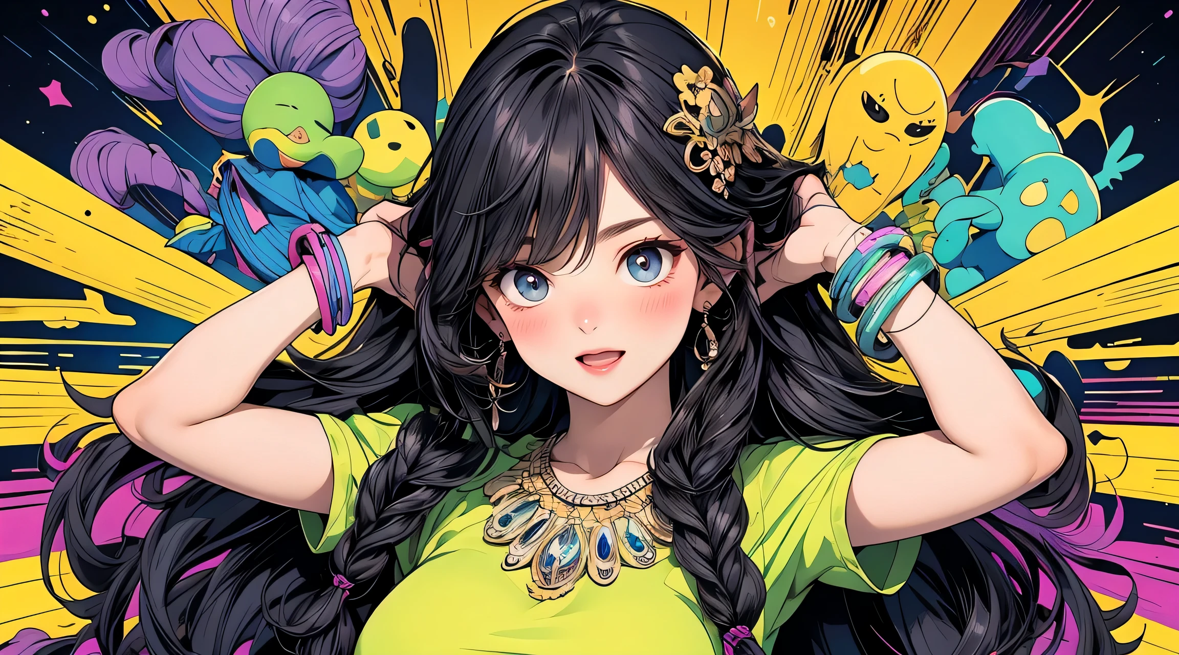 masterpiece, best quality, photorealistic, solo, perfect slim fit body, thick thighs, huge breasts, braided wavy hair, hair ornaments, necklace, bracelets, abstract, artistic, alien themed scenery, green, purple, yellow, elaborate details, dynamic action pose, vibrant, contrast