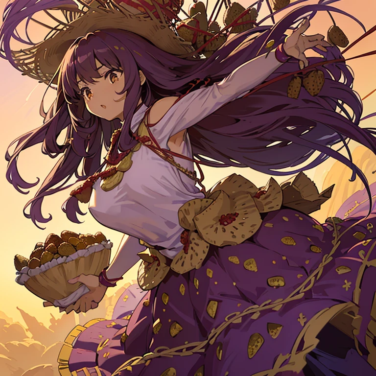 A girl with long afro hair flying low in the air covered in boiling large strawberry cake armor serving a large purple potato jam、amazing dynamism、amazing angle、unstable buoyancy sandstorm、(((Lots of friendly oversized dried fruit cubes floating densely to chase)))、((surround each other&#39;extra large branched straw))、