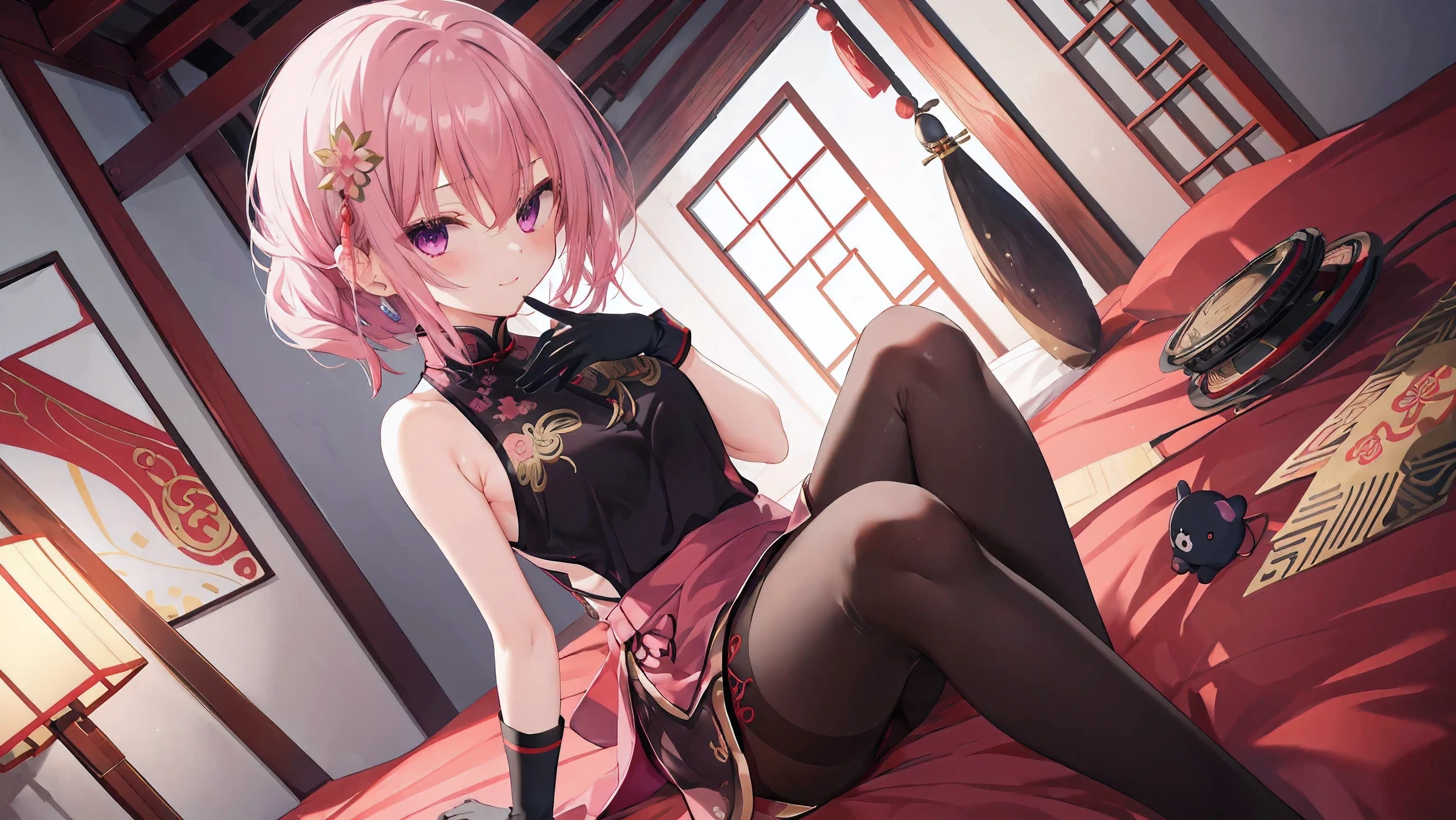 old Chinese building,night chinese background, alone,a girl,Height 170cm,Bust 45CM,pink hair,purple eyelack underwear,night,gentle,ssmile, ((black pantyhose)),indoors,on top of bed,(((Wearing bare armband gloveare arms,grid light shade