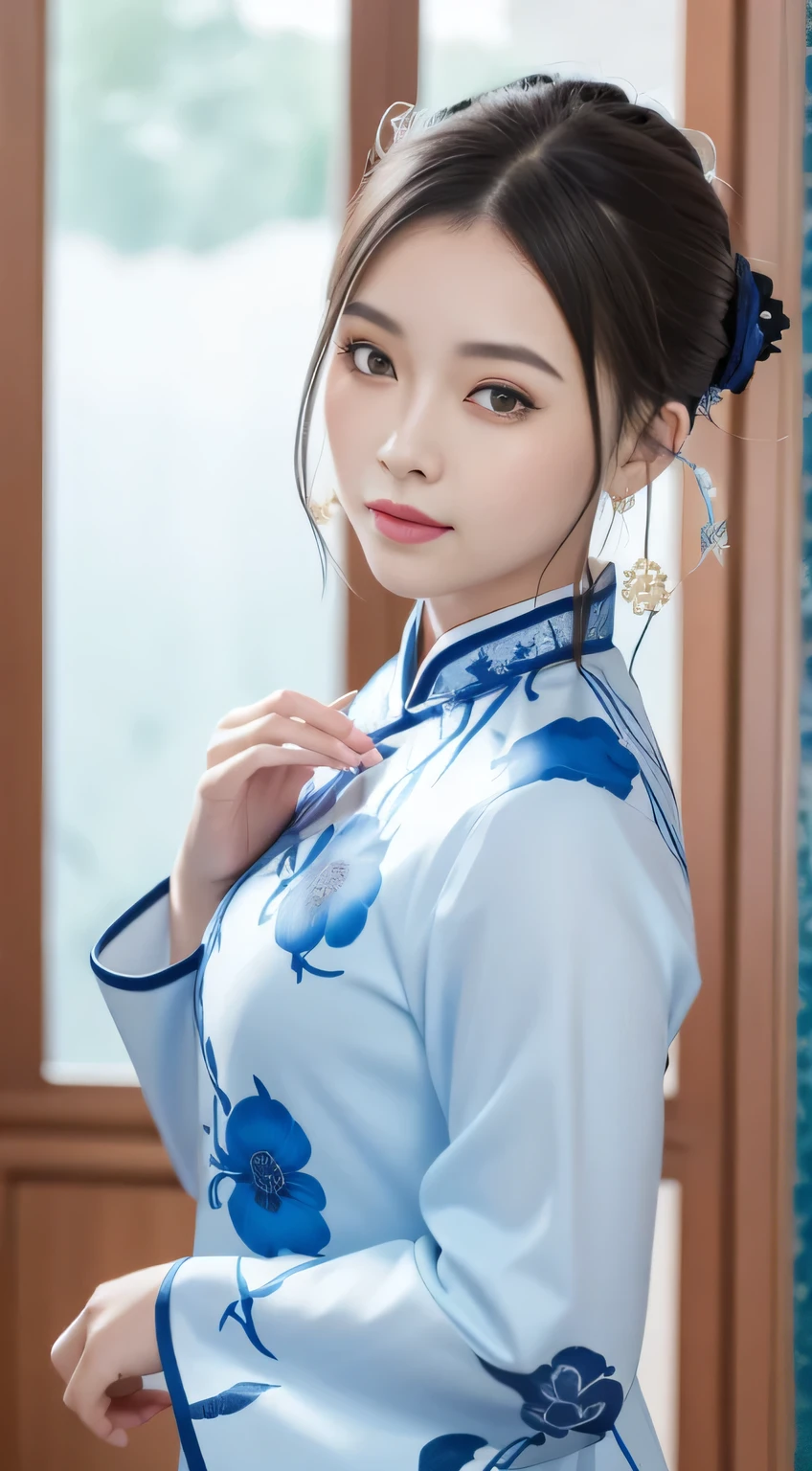 Blue and white porcelain style，Chinese cheongsam，blue and white cheongsam，ancient chinese art style，fashion model 18 years old [[[[close up]]]], [[[[]]]], [[[[]]]], [[[[shoulder]]]], perfect eyes, perfect iris，perfect lips，perfect teeth，perfect skin，White skin，Soft headlight，high dynamic range，movie girl，The expression is smiling，The background is ancient Chinese interior decoration，blue flower，4K Ultra HD, ultra high resolution, (realistically: 1.4), best quality，tmasterpiece，Ultra-diluted，（pastel colors：1.2）
