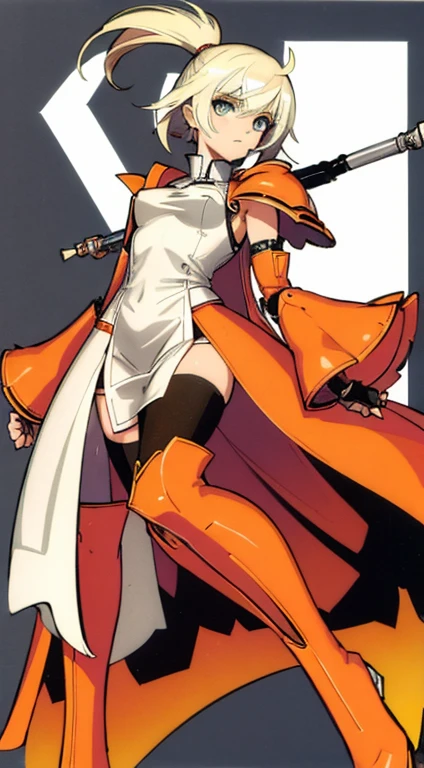 (((Best Quality))) , ((full body)), female, character design, solo, (white background), holding axe, gauntlets, waist armor, thigh high, side slit trench skirt, blue, orange, green, violet, brown, white, colorful outfit, vest, bare arms, bareback, tactical vest, bodices,