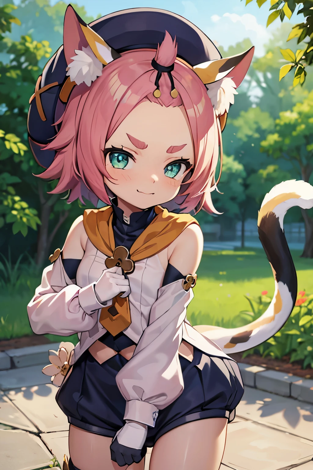 catgirl, bottomless, 10 years old, furrowed eyebrows, smirk, ****, outside, tail, detached sleeves, hat