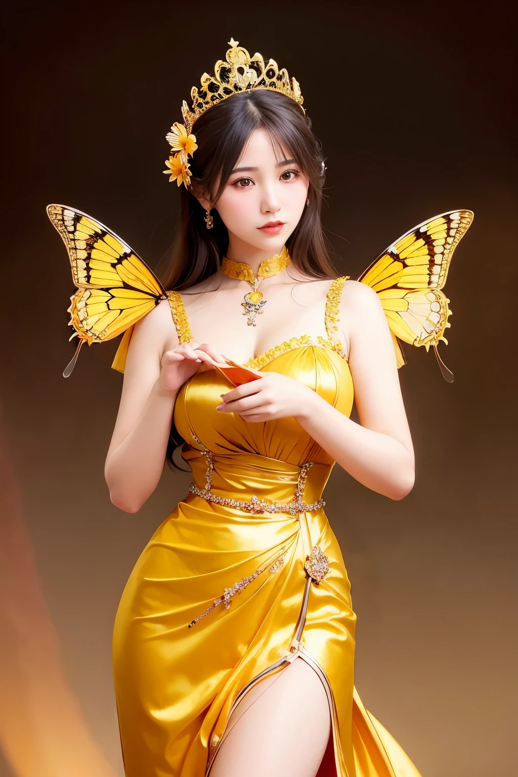 Wearing a yellow dress,Arad woman holding a butterfly in her hand, a beautiful fantasy empress, by phyu phyu htwe Inspired by Lan Ying, Beautiful character painting, Extremely detailed Artgerm, Alphonse mucha and rossdraws, Guviz-style artwork, gilded lotus princess, art-style, Artgerm and