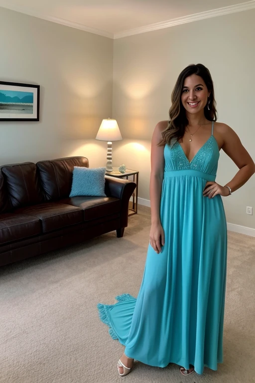 high resolution, wide angle, eye level view, overhead shot, photorealisic ,8k, ultra detailed, hd, larg hall in a mansion, modern up-to-date interior, two go+go dancing platforms (cubes) on the left , a big couch on the right side and one more couch in the back, 34 year old mom standing close to the Camera, facing the camera, wearing blue dress