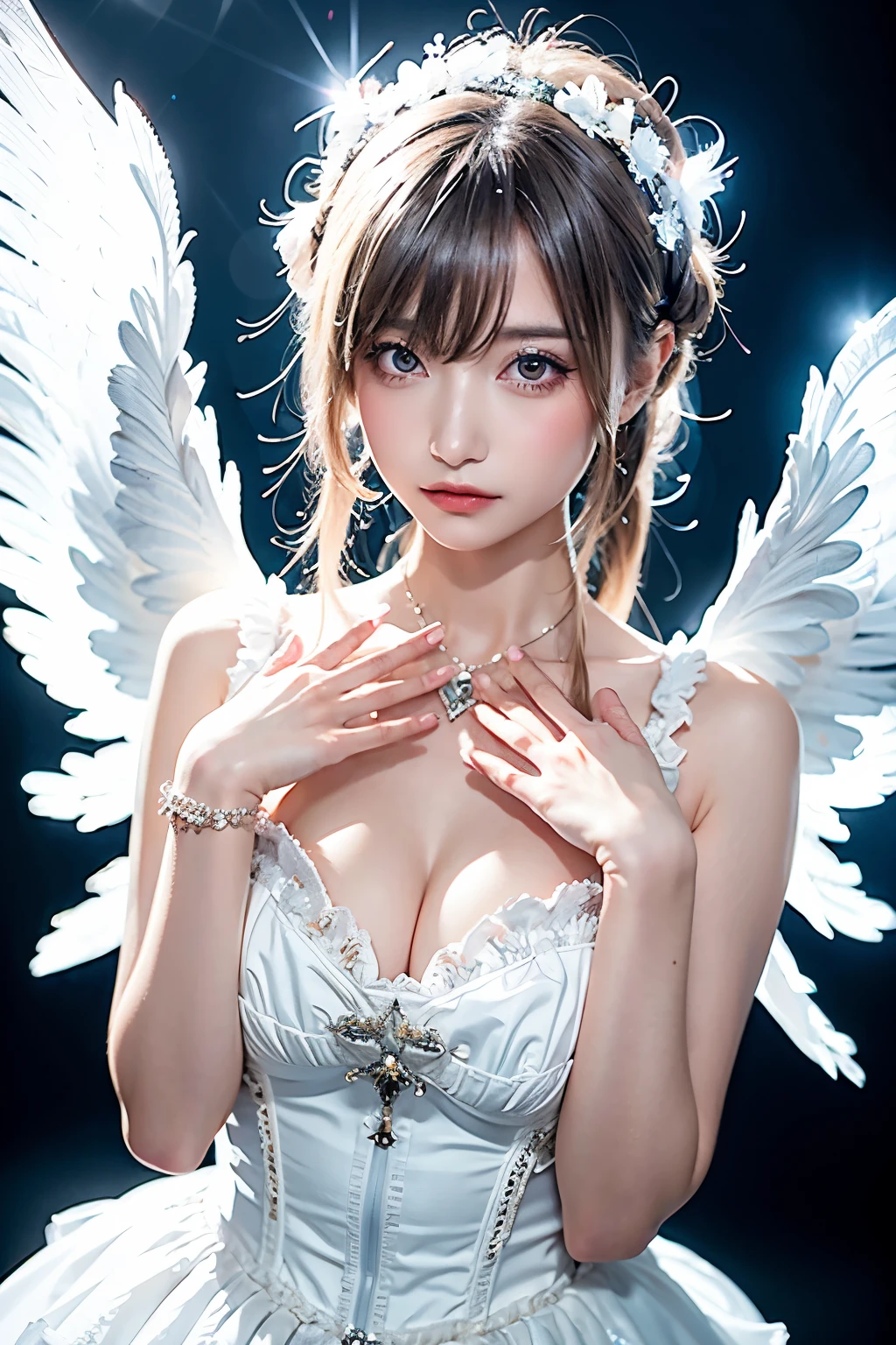 masterpiece, (best quality:1.2), [:intricate details:0.2], 1girl, large breasts, angel, angel wings, white frills, (daytime sky), shimmering aura, intense focus, crackling energy, mysterious symbols, sparkling motes,