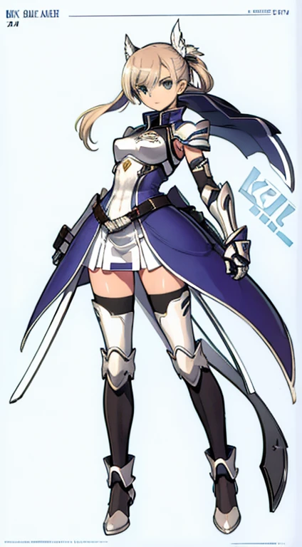 (((Best Quality))) , ((full body)), female, character design, solo, (white background), holding axe, gauntlets, waist armor, thigh high, side slit trench skirt, blue, green, violet, brown, white, colorful outfit, bare arms, bareback, bodices,