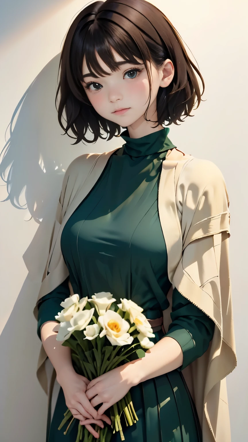 A woman standing in front of a white wall with a bouquet of flowers, With short hair, lofi-girl, with ivy, with teal clothes, with flowers, low quality photograph, with cape, Green clothes, Photo Shot, smooth in _ Background with, lofi girl aesthetic, 🤤 girl portrait, Aesthetic!!, dressed with long fluent clothes, Casual pose, aesthetics