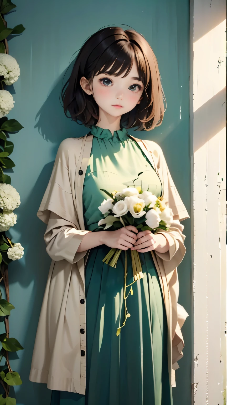 A woman standing in front of a white wall with a bouquet of flowers, With short hair, lofi-girl, with ivy, with teal clothes, with flowers, low quality photograph, with cape, Green clothes, Photo Shot, smooth in _ Background with, lofi girl aesthetic, 🤤 girl portrait, Aesthetic!!, dressed with long fluent clothes, Casual pose,  aesthetics