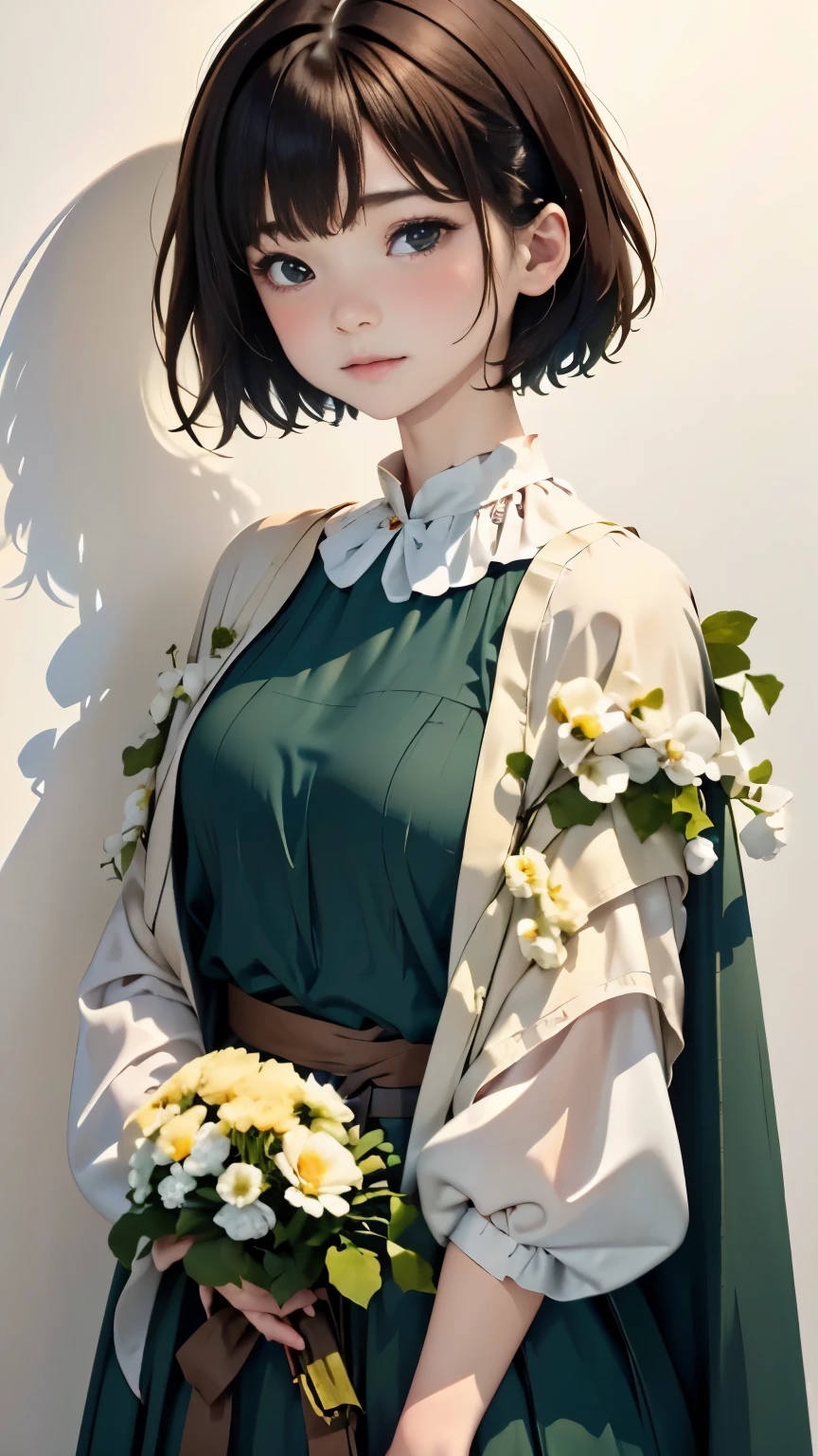 A woman standing in front of a white wall with a bouquet of flowers, With short hair, lofi-girl, with ivy, with teal clothes, with flowers, low quality photograph, with cape, Green clothes, Photo Shot, smooth in _ Background with, lofi girl aesthetic, 🤤 girl portrait, Aesthetic!!, dressed with long fluent clothes, Casual pose,  aesthetics