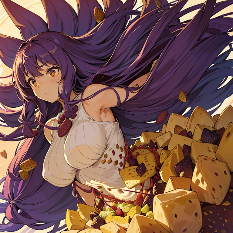 A girl with long afro hair flying low in the air covered in boiling large strawberry cake armor serving a large purple potato jam、amazing dynamism、amazing angle、unstable buoyancy sandstorm、(((Lots of friendly oversized dried fruit cubes floating densely to chase)))、((surround each other'extra large parallel straw))、