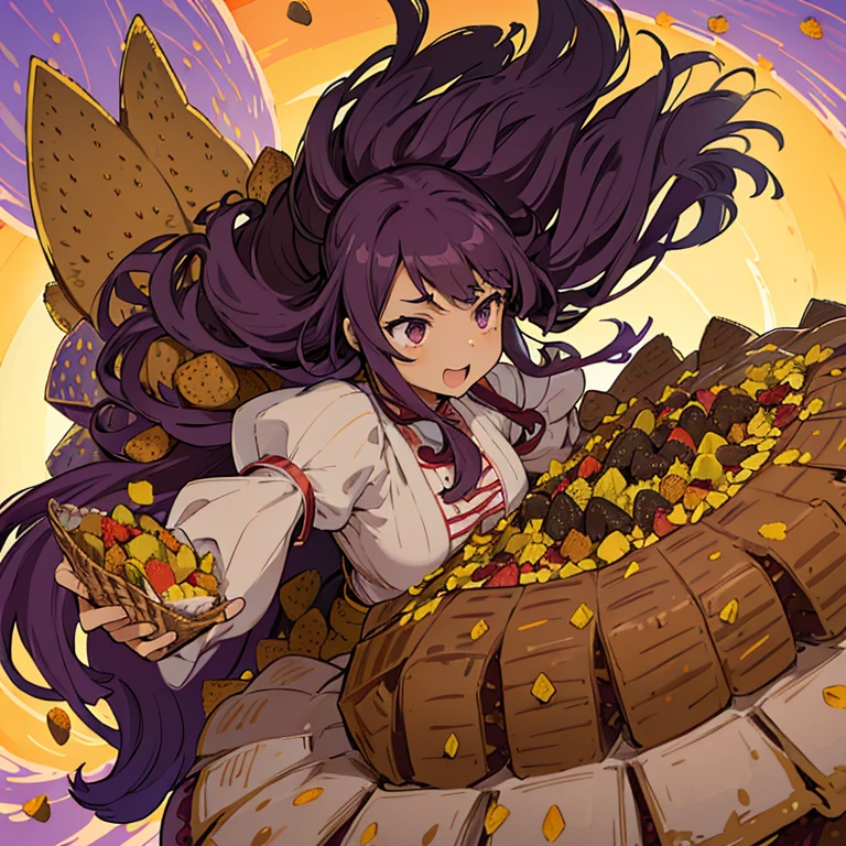 A girl with long afro hair flying low in the air covered in boiling large strawberry cake armor serving a large purple potato jam、amazing dynamism、amazing angle、unstable buoyancy sandstorm、(((Lots of friendly oversized dried fruit cubes floating densely to chase)))、((surround each other&#39;extra large parallel straw))、