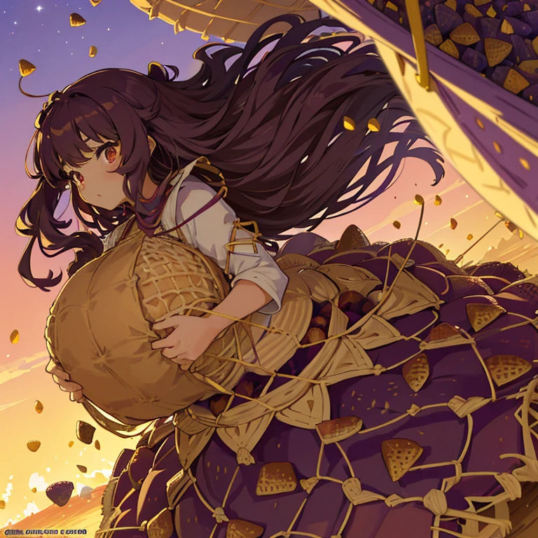 A girl with long afro hair flying low in the air covered in boiling large strawberry cake armor serving a large purple potato jam、amazing dynamism、amazing angle、unstable buoyancy sandstorm、(((Lots of friendly oversized dried fruit cubes floating densely to chase)))、((surround each other'extra large straw lattice))、