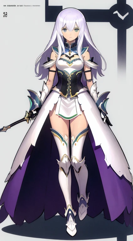 (((Best Quality))) , ((full body)), female, character design, solo, (white background), holding axe, gauntlets, waist armor, thigh high, side slit trench skirt, blue, green, violet, brown, white, colorful outfit, bare arms, bareback, bodices,