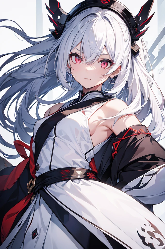 A female character from Japan with white hair, glowing eyes and daggers and a breeze around her with a white background with 2024 written on the front at the bottom with the letters radiating colors around
