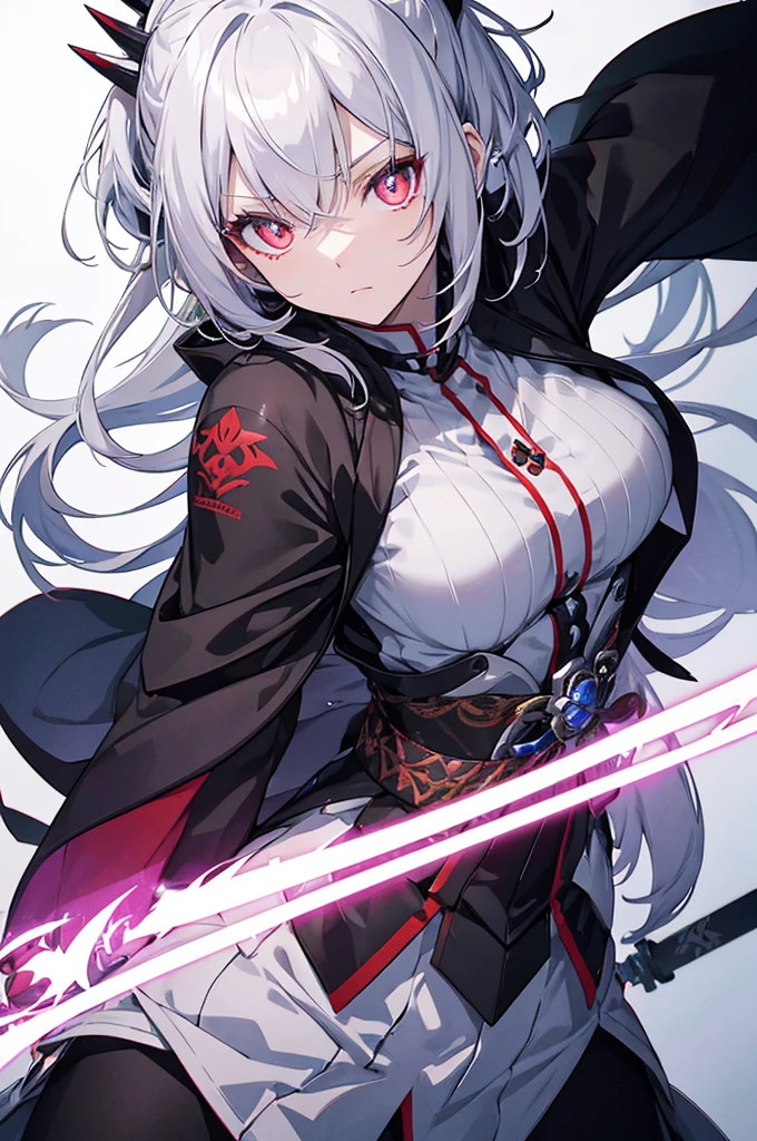 A female character from Japan with white hair, glowing eyes and daggers and a breeze around her with a white background with 2024 written on the front at the bottom with the letters radiating colors around