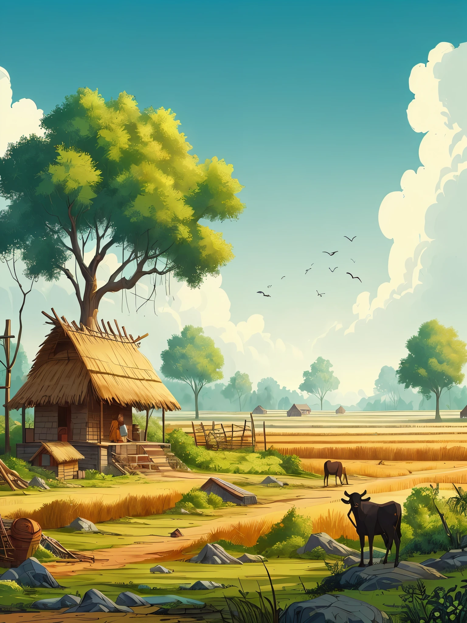 Draw a digital simple art scene of an Indian village, Sunny day, Dilapidated huts stand under the shade of ancient trees, surrounded by fields that stretch to the horizon. A peaceful ambiance envelops the scenery, no humans and cattle