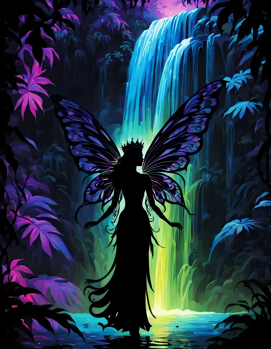 (((close-up of the painting))) (((black light poster))), (((silhouette))) ((mesmerizing glowing silhouette coming out of a magical waterfall in the dense jungles)), create a fascinating and mystical image ((legendary fairy queen)), giant wide multi-colored shimmering wings, aura of power and wealth, ((rich gothic ornament)), ((unearthly night)), More_detail