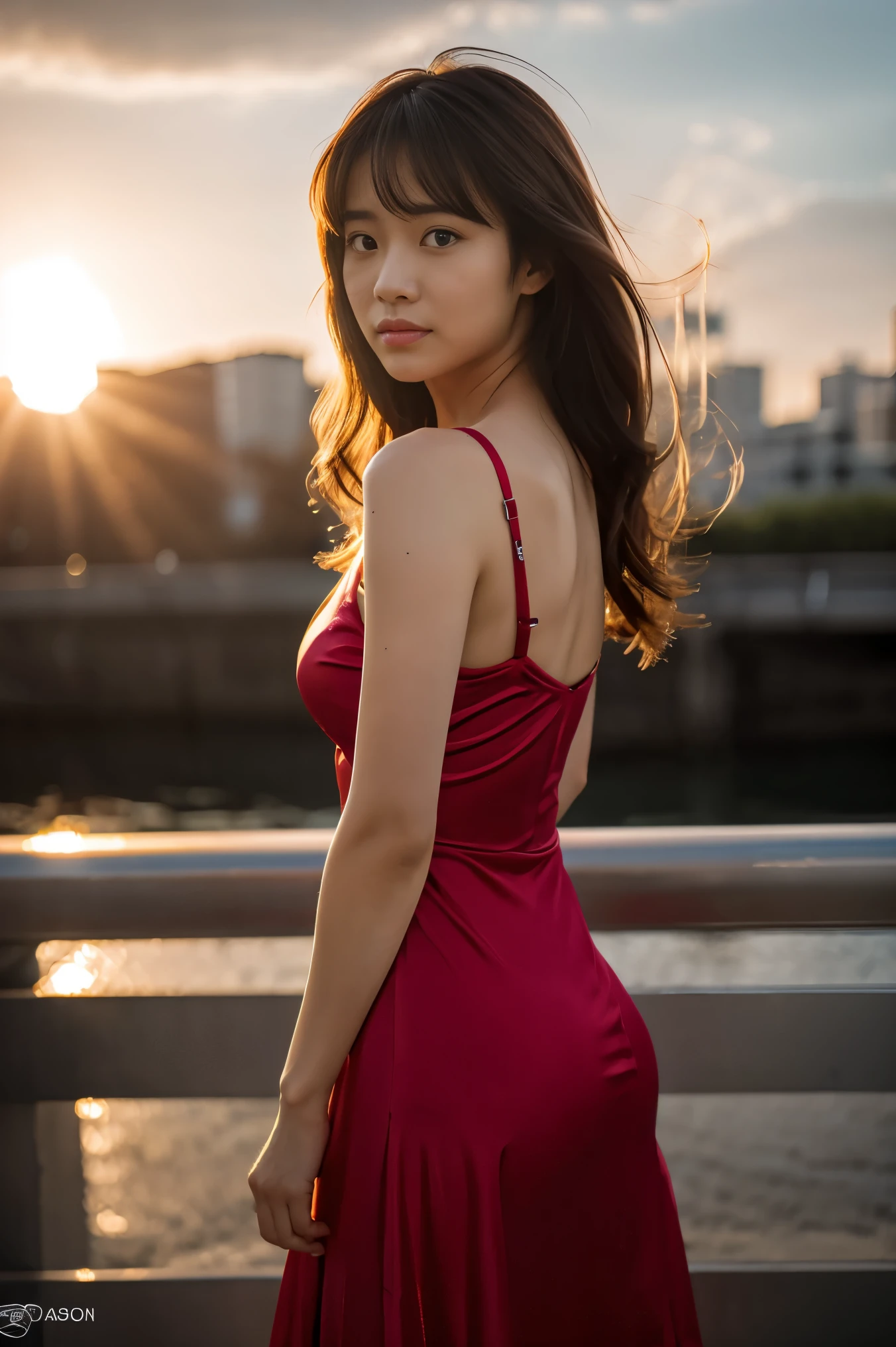 Photorealistic, FilmSteel,A japanese female in feminin dress. messy hair, Dramatic, bumps on the skin, on a bridge. back light.