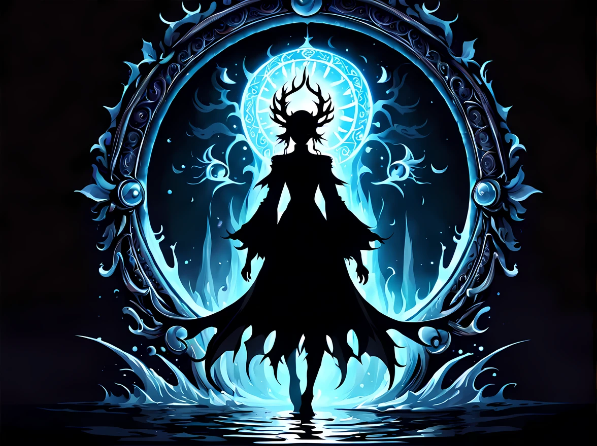 (((black light poster))), (((silhouette))) ((mesmerizing glowing silhouette coming out of a water magical portal)), (((sly smile))), create a fascinating and mystical image ((side view of the legendary celestial creature, reminiscent of Bloodborne Ebrietas)), giant bulging eyes, aura of power and wealth, ((rich gothic ornament)), ((unearthly night)), More_Detail