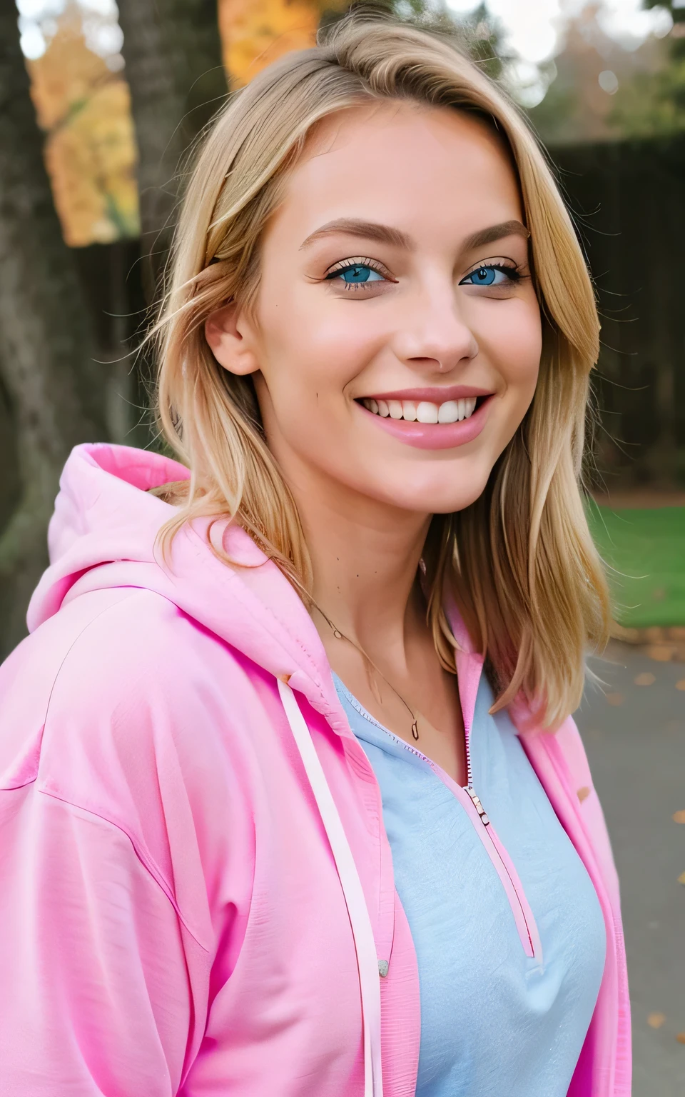 Beautiful blonde with blue eyes wearing a pink hoodie, laughing big smile, realistic portrait picture with iphone camera, sunlight