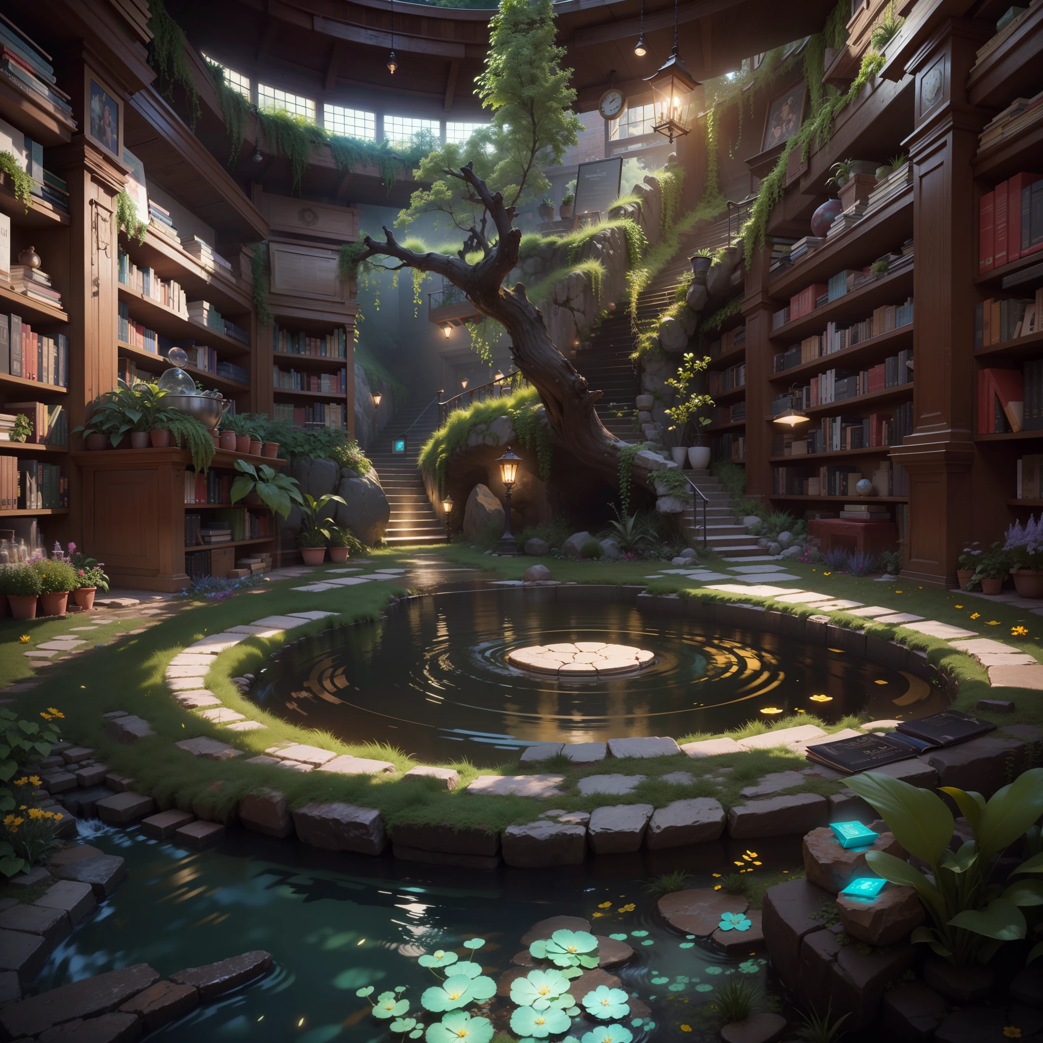 hyperdetailed whirlpool with tradescantia nanouk and bromeliad emerging from ground of hyperdetailed pretty Library with a stream flowing through it that glows like natural lighting, cinematic lighting, 8k, unreal engine, octane render, realistic
