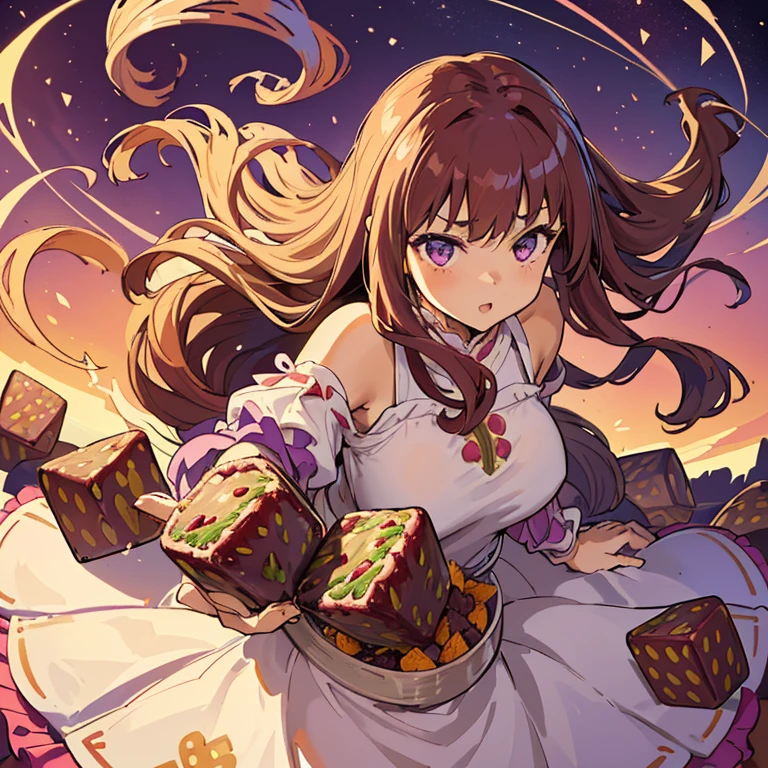 A girl with long afro hair flying low in the air covered in boiling large strawberry cake armor serving a large purple potato jam、amazing dynamism、amazing angle、unstable buoyancy sandstorm、(((Lots of friendly oversized dried fruit cubes floating densely to chase)))、((surround each other&#39;extra large spiral straw))、