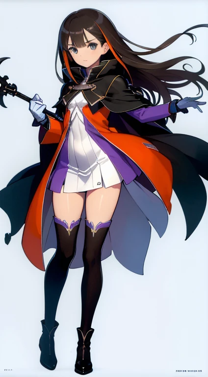 (((Best Quality))) , ((full body)), female, character design, solo, (white background), holding staff, gloves, cloak, thigh high, side slit trench skirt, blue, orange, green, violet, brown, white, colorful outfit, bodices,