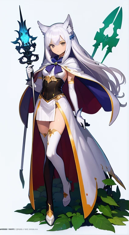 (((Best Quality))) , ((full body)), female, character design, solo, (white background), holding staff, gloves, cloak, thigh high, side slit trench skirt, blue, orange, green, violet, brown, white, colorful outfit, bodices,