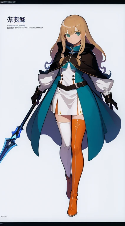 (((Best Quality))) , ((full body)), female, character design, solo, (white background), holding staff, gloves, cloak, thigh high, side slit trench skirt, blue, orange, green, violet, brown, white, colorful outfit, bodices,