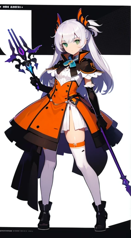 (((Best Quality))) , ((full body)), female, character design, solo, (white background), holding staff, gloves, thigh high, side slit trench skirt, blue, orange, green, violet, brown, white, colorful outfit, Bust Bodice,