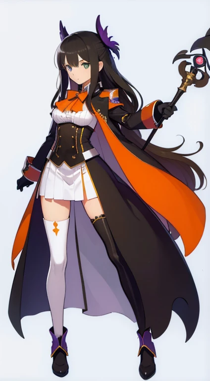 (((Best Quality))) , ((full body)), female, character design, solo, (white background), holding staff, gloves, thigh high, side slit trench skirt, blue, orange, green, violet, brown, white, colorful outfit, Bust Bodice,