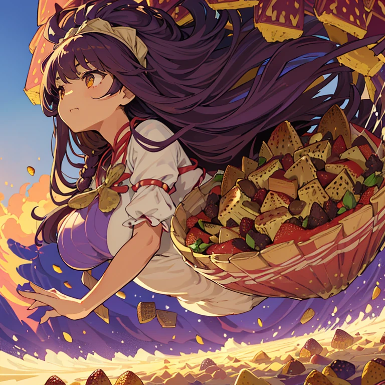 A girl with long afro hair flying low in the air covered in boiling large strawberry cake armor serving a large purple potato jam、amazing dynamism、amazing angle、unstable buoyancy sandstorm、(((Lots of friendly oversized dried fruit cubes floating densely to chase)))、((surround each other'extra large sharp straw))、