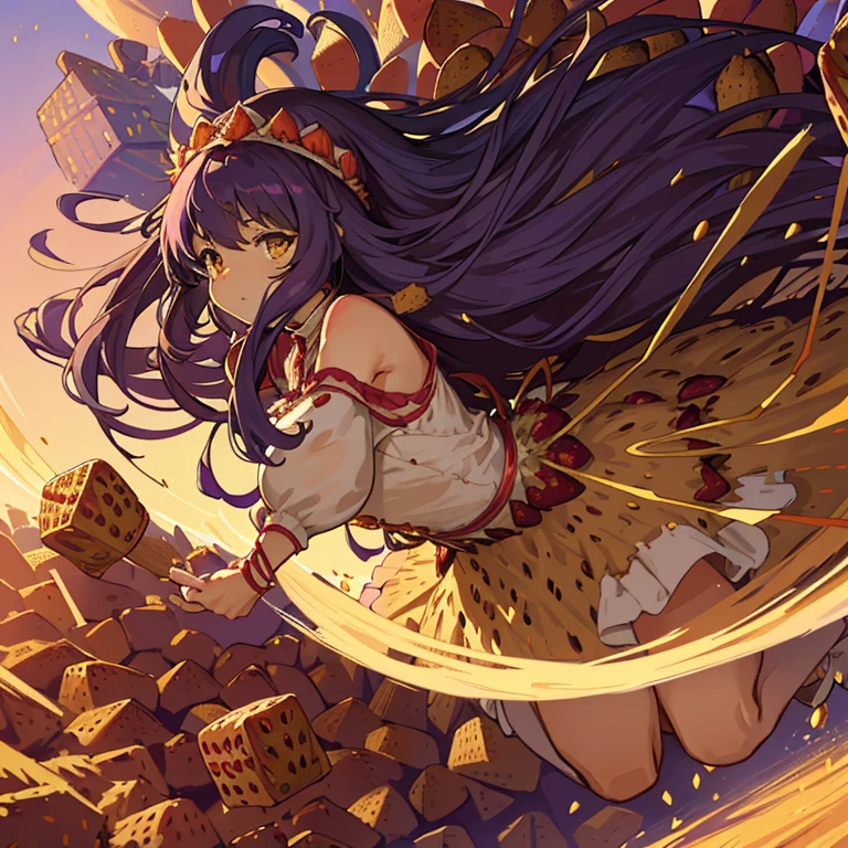 A girl with long afro hair flying low in the air covered in boiling large strawberry cake armor serving a large purple potato jam、amazing dynamism、amazing angle、unstable buoyancy sandstorm、(((Lots of friendly oversized dried fruit cubes floating densely to chase)))、((surround each other&#39;extra large sharp straw))、