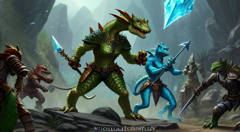 Kobold(compact anthro lizardman) rogue, tattered mismatched leather armor, stone spear, crystal dagger, dynamic pose, expressive hands, crystal cave complex, impressionist painting, ultra detailed, full-body portrait, superb quality, hyperdetailed, digital concept art, ethereal, watercolor, 64k, elemental magical effects, fungal phosphoric lighting,