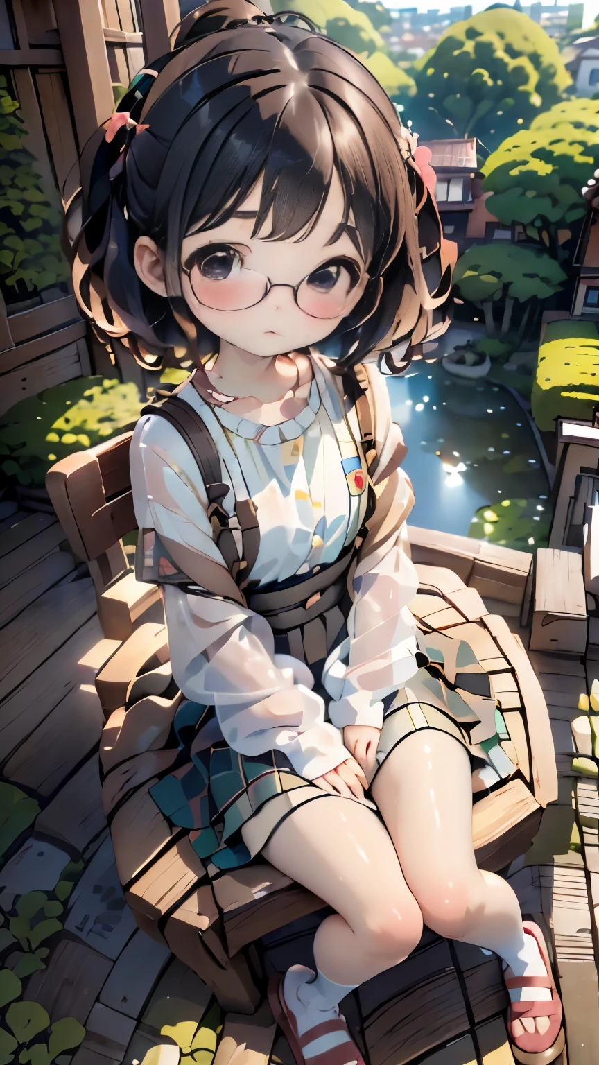 childish, li high quality、ultra-detailliert、(1 girl in:1.3)、roto、Eletite girl,Small body,Chairman type,I'm wearing glasses,Too eyebrowulging,Obese body,chubby,M-shaped legs、Precure pattern character print T-shirt,Small, Bulging,white, See-through, Wet underwear,4th grade elementary scho 9 years old,Short stature),A girl with small breasts、Small bodM-shaped legs、Complex architecture、lush garden、and design a sense of peace and spirituality。Designed with a fisheye effect image that captures a wide field of view with a unique curved viewing angle。Panoramic cityscape、Dramatic skyline、breather、Producing a rooftop view in a sophisticated space