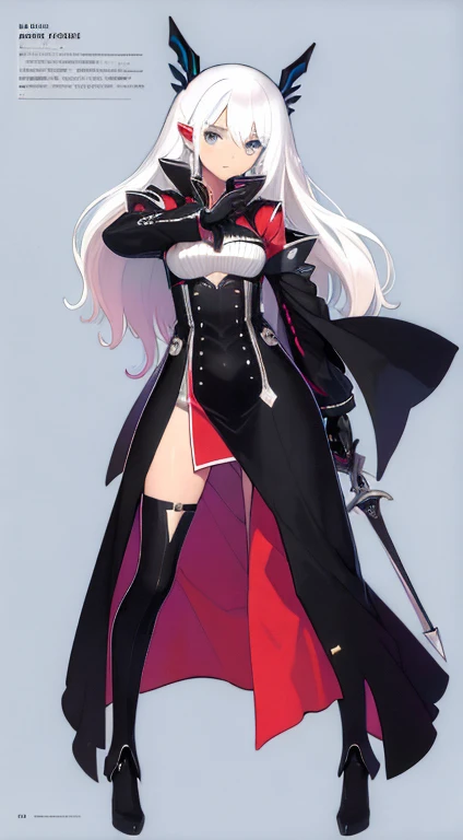 (((Best Quality))) , ((full body)), female, character design, solo, (white background), holding weapon, gloves, thigh high, side slit trench skirt, colorful outfit, Bust Bodice,