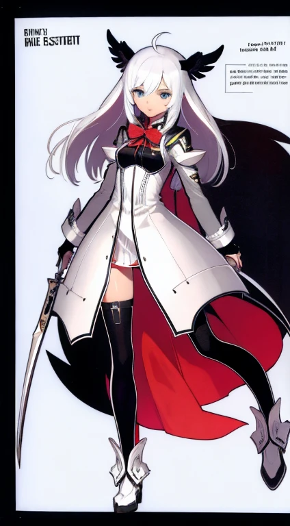 (((Best Quality))) , ((full body)), female, character design, solo, (white background), holding weapon, gloves, thigh high, side slit trench skirt, colorful outfit, Bust Bodice,