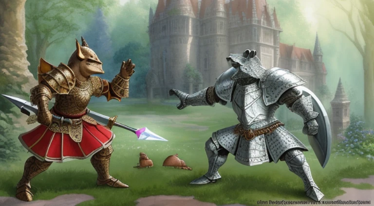 Kobold(compact anthro hornedtoad), scalemail armor, stone polearm, crystal sword, dynamic pose, expressive hands, crystal gingerbread mansion background(watercolor and ink), impressionist painting, ultra detailed, full-body portrait, superb quality, hyperdetailed, whimsical digital concept art, ethereal, watercolor, 64k, elemental magical effects, fungal phosphoric lighting,