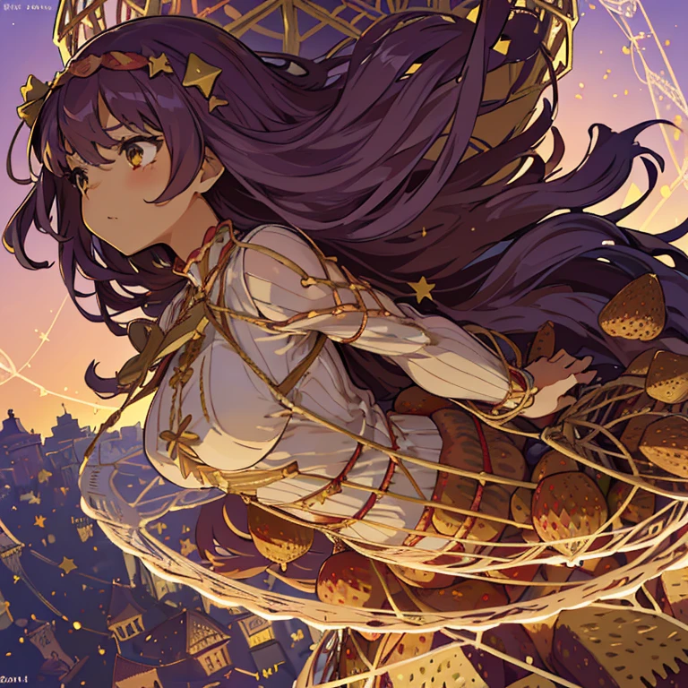 A girl with long afro hair flying low in the air covered in boiling large strawberry cake armor serving a large purple potato jam、amazing dynamism、amazing angle、unstable buoyancy sandstorm、(((Lots of friendly oversized dried fruit cubes to chase in a floating latticework)))、((surround each other'extra large star))、