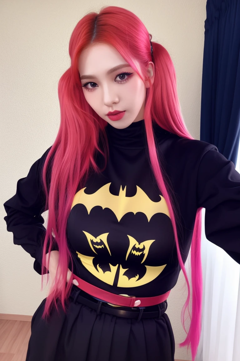 (8k, 4k, best quality, highres, ultra high res:1.1), (masterpiece, realistic, photo-realistic:1.1), 1girl, face, twintails, red hair, black eyes, red lips, absurdly long hair, long eyelashes, eyeshadow, small face, big eyes, looking at camera , in the bedroom , lying on the bed , Batman suit , sexy , horny, Batman Suit , cosplay 