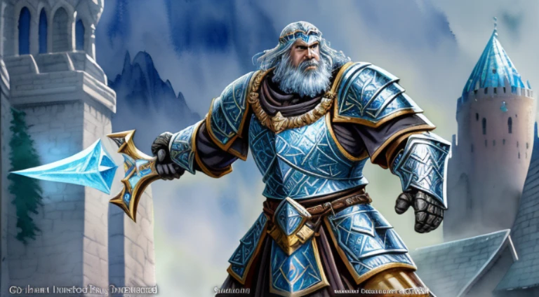 Dwarven Paladin, scalemail armor, ornate polearm, crystal great sword, dynamic pose, expressive hands, castle & city complex(watercolor and ink), realistic impressionist painting, ultra detailed, full-body portrait, superb quality, hyperdetailed, whimsical digital concept art, ethereal, watercolor, 64k, elemental magical effects, volumetric lighting,